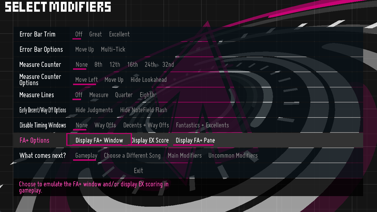 Advanced Modifiers screen showing "Display FA+ Window", "Display EX Score", "Display FA+ Pane" highlighted under "FA+ Options"