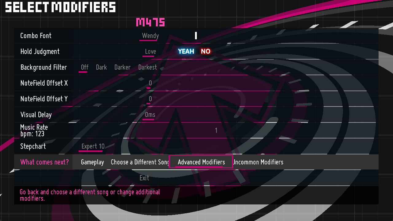 Modifiers screen showing "Advanced Modifiers" highlighted under "What comes next?"