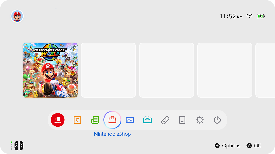 A screenshot of the new Nintendo Switch 2's home menu. A blank gray background with rounded square tiles in the center to show games, one has Mario Kart World. The bottom menu buttons are rounded circles containing an icon pertaining to what the button does.