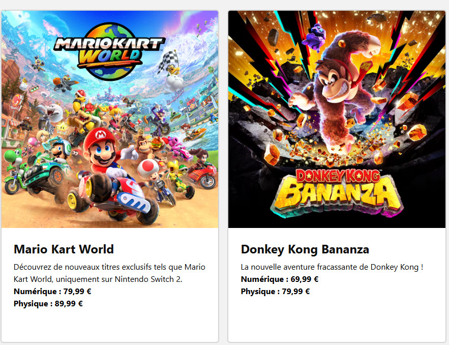 A screenshot from Spain's My Nintendo Store, showing Mario Kart World priced at 80 Euros for the Digital release, 90 Euros for the Physical release, and Donkey Kong Bananza priced at 70 Euros for the Digital release, and 90 Euros for the Physical release.