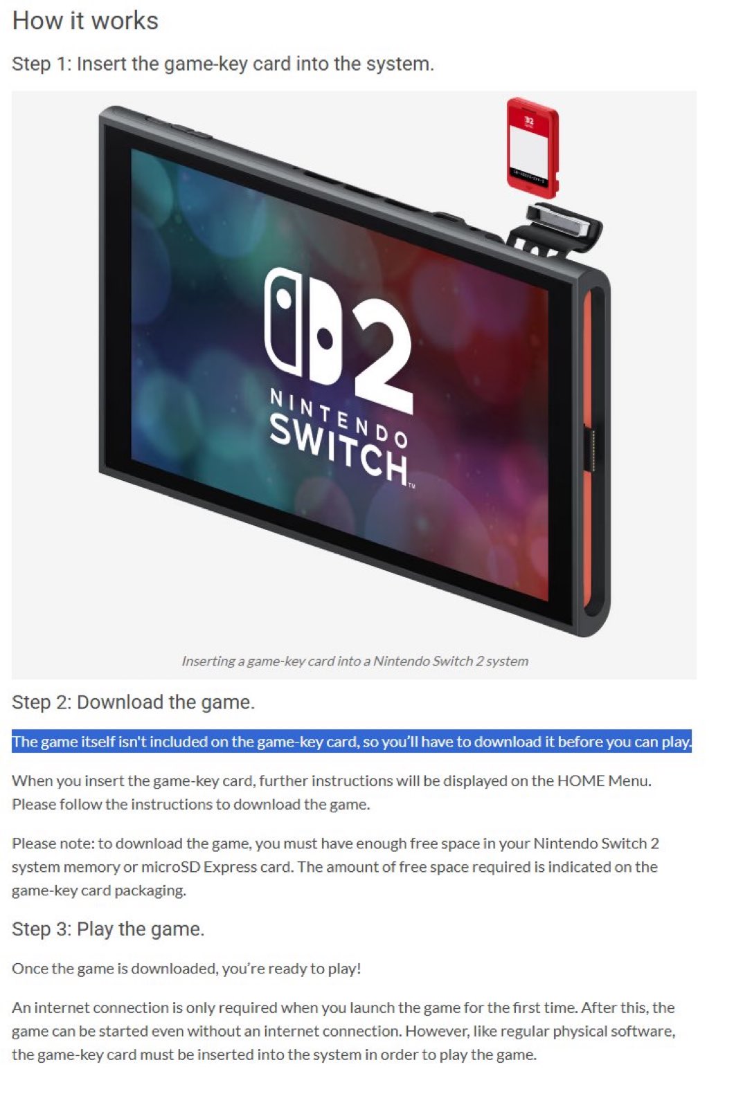 The Game-Key Card article on Nintendo's home page. With the text, "The game itself isn't included on the game-key card, so you'll have to download it before you can play."